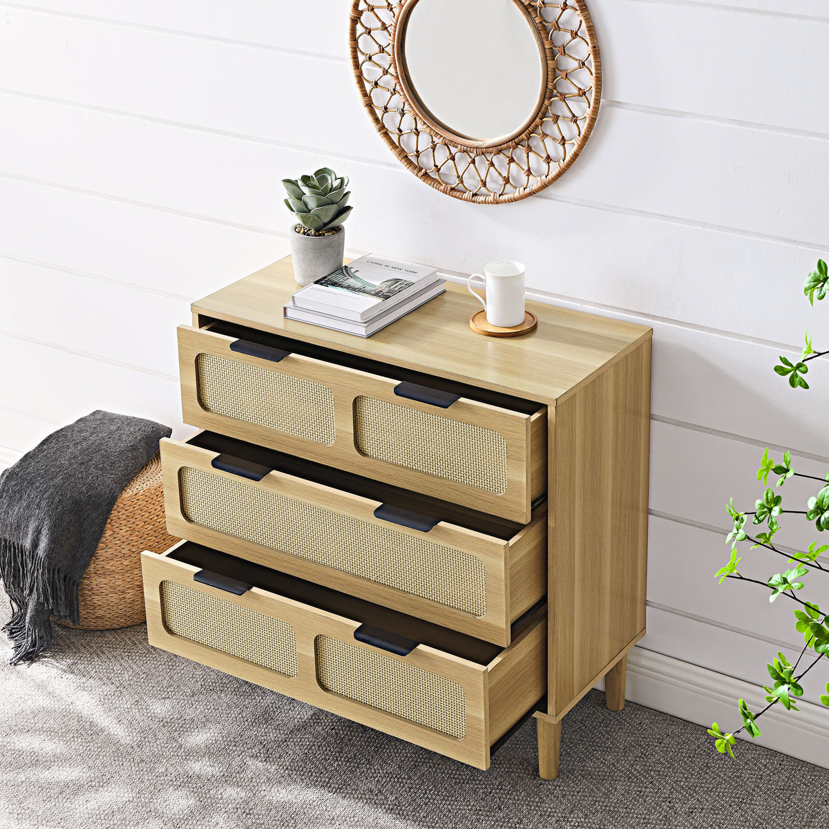Nøordka Light Dresser Default Natural Wood Mid Century Modern Rattan 3 Drawer Dresser &amp; Cabinet