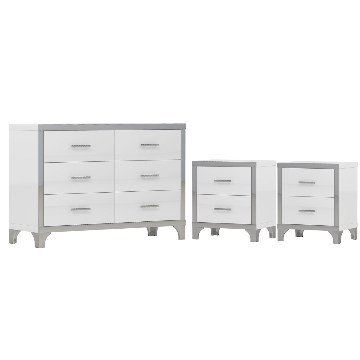 Nøordka Light Dresser Default White 3-Piece Set Dresser &amp; Nightstands with Metal Handling &amp; Mirror Decoration