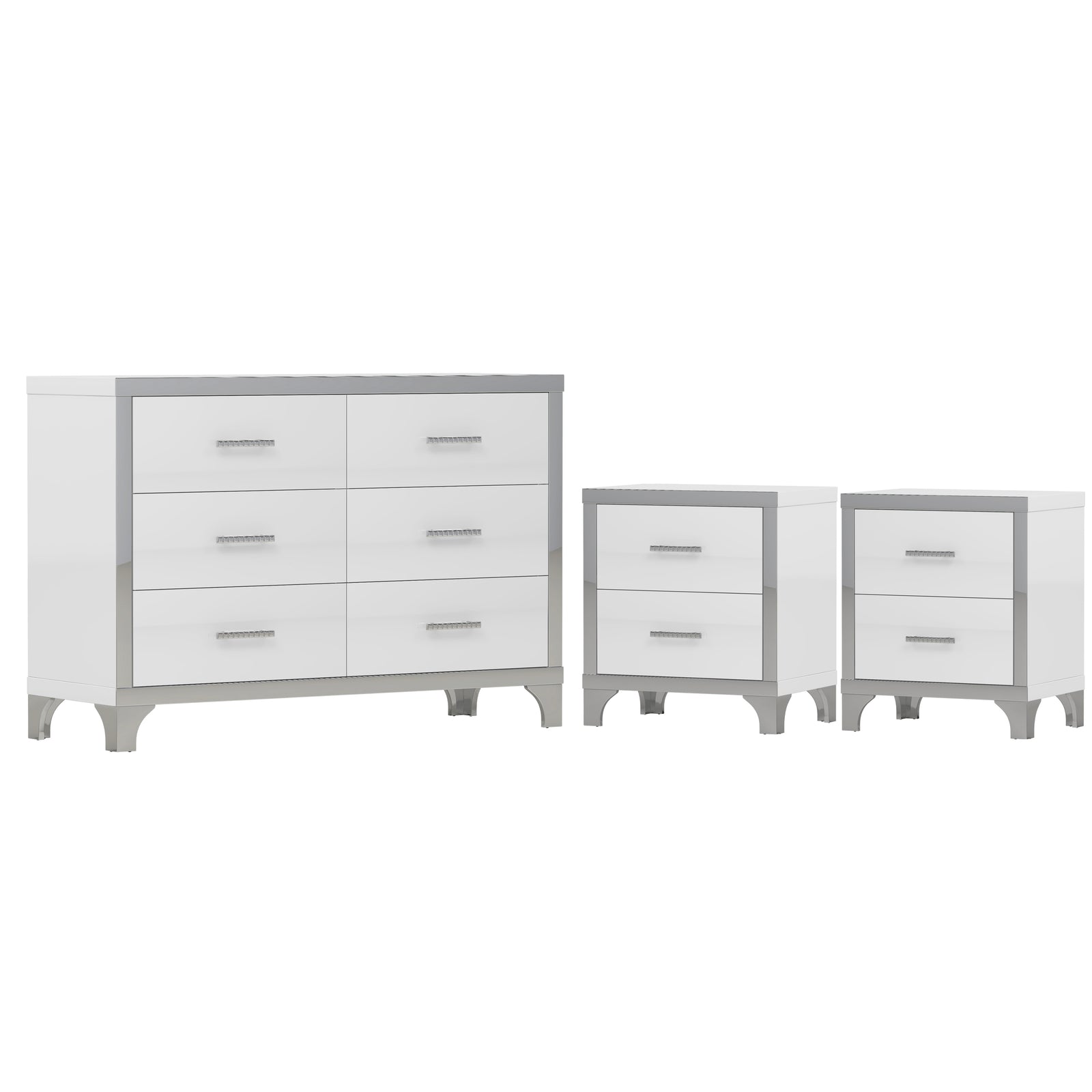 Nøordka Light Dresser Default White 3-Piece Set Dresser & Nightstands with Metal Handling & Mirror Decoration