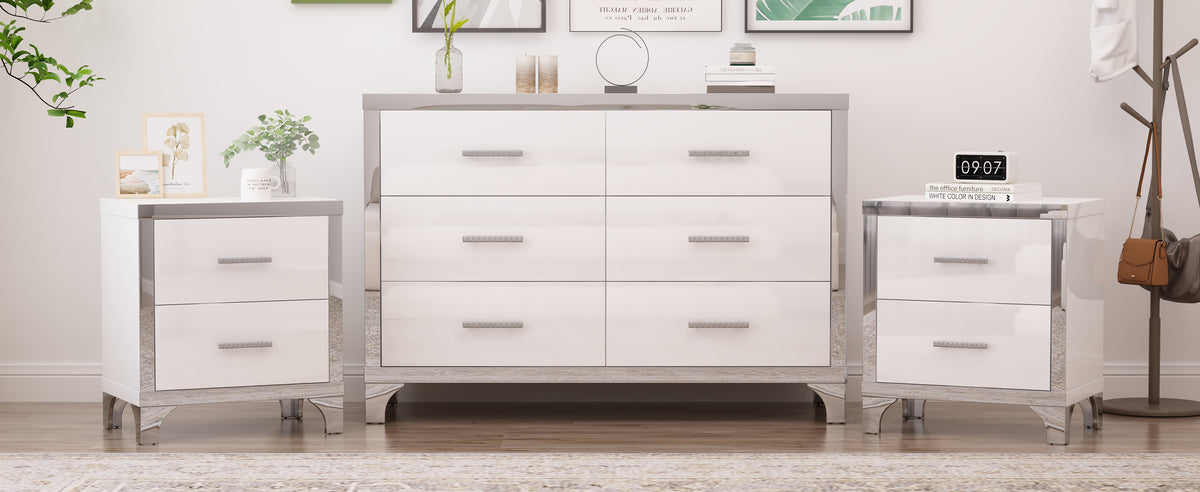 Nøordka Light Dresser Default White 3-Piece Set Dresser &amp; Nightstands with Metal Handling &amp; Mirror Decoration