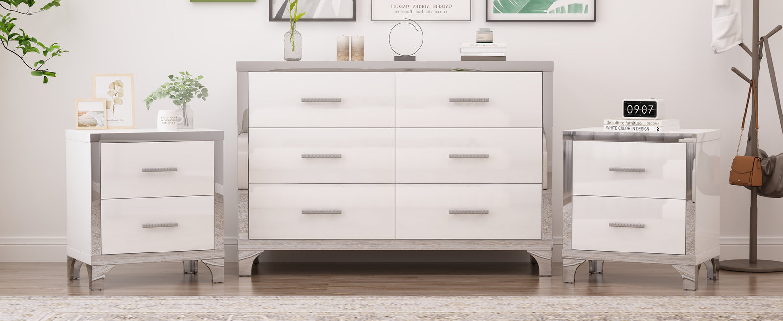 Nøordka Light Dresser Default White 3-Piece Set Dresser & Nightstands with Metal Handling & Mirror Decoration