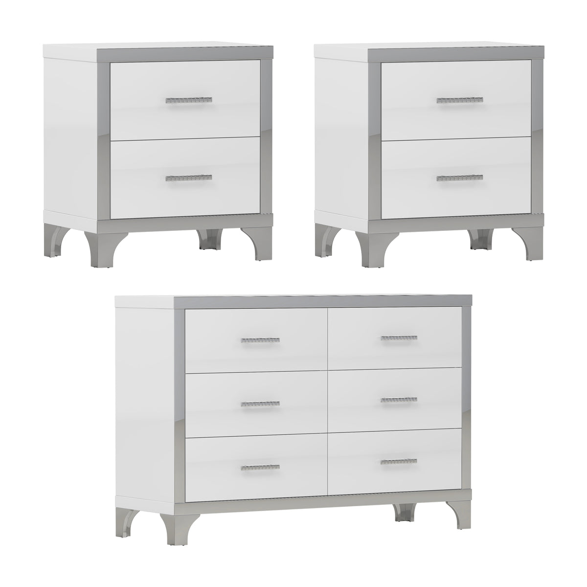 Nøordka Light Dresser Default White 3-Piece Set Dresser &amp; Nightstands with Metal Handling &amp; Mirror Decoration