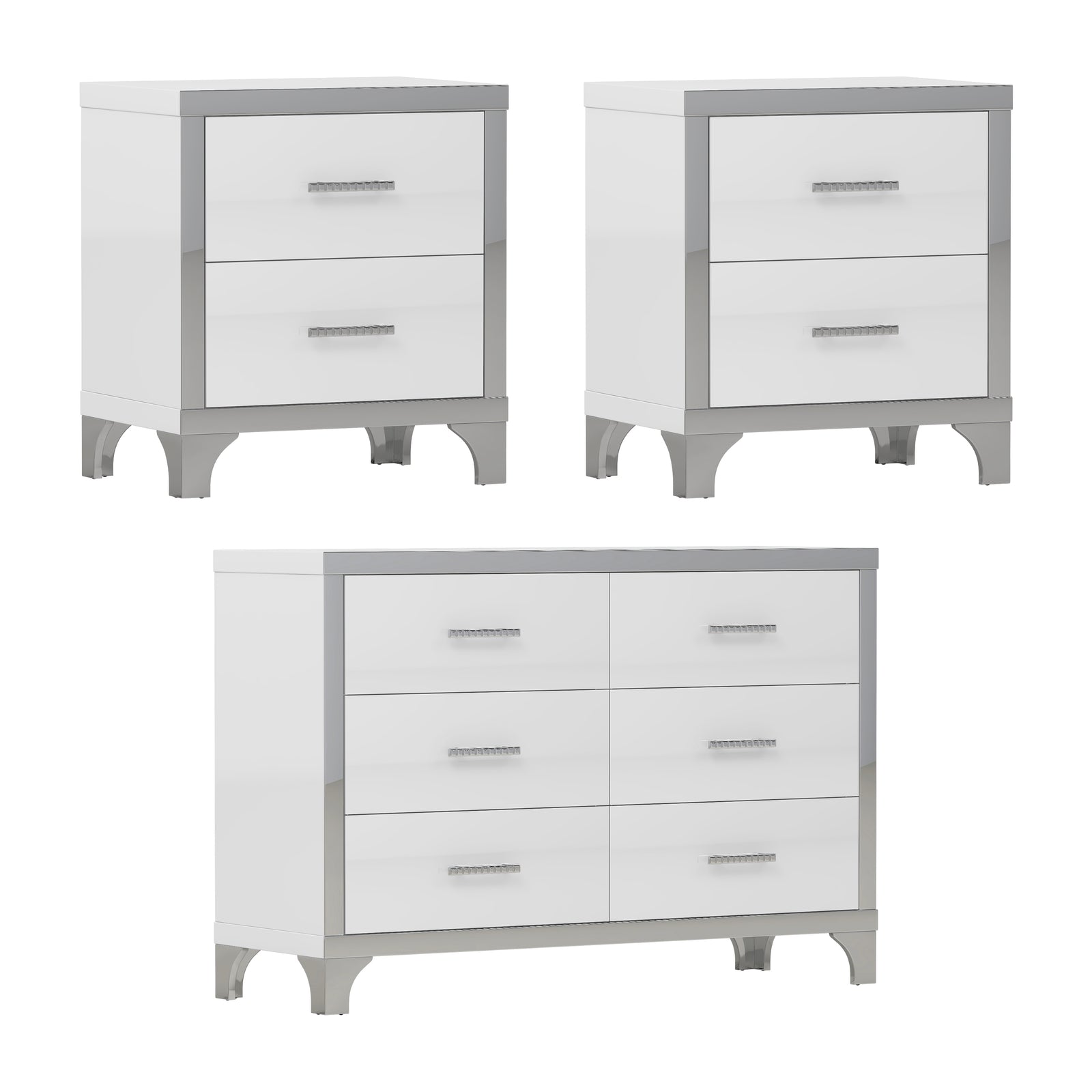 Nøordka Light Dresser Default White 3-Piece Set Dresser & Nightstands with Metal Handling & Mirror Decoration
