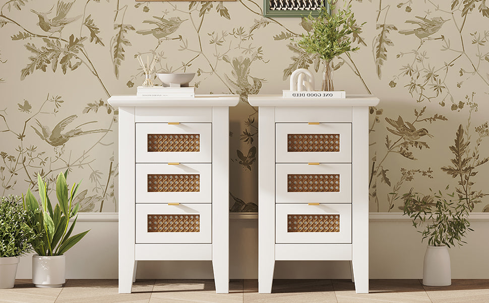 Nøordka Light Nightstand Default 15" White Rattan-Woven Wooden Nightstand Set