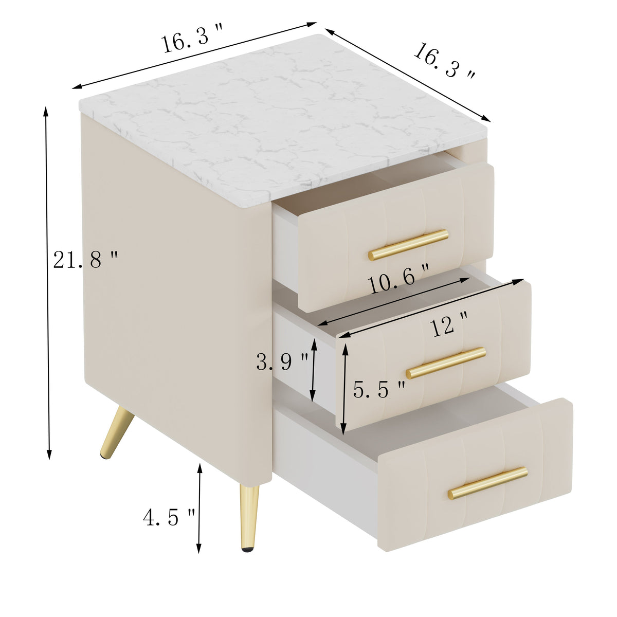 Nøordka Light Nightstand Default 16" Beige Upholstered Wooden Nightstand with 3 Drawers &amp; Gold Accents