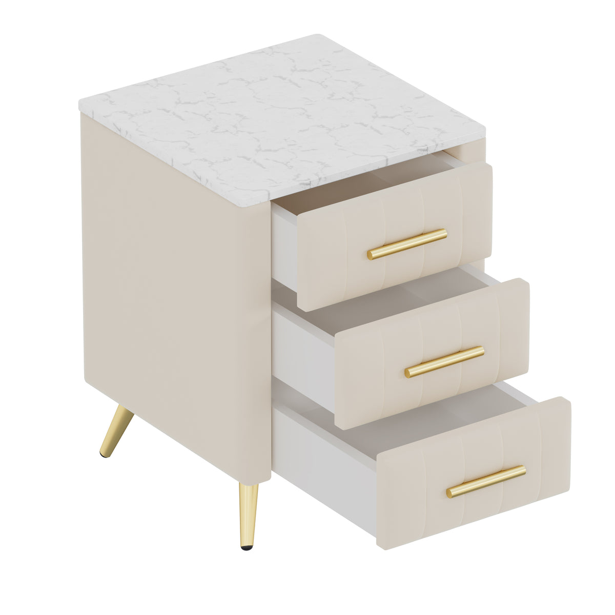 Nøordka Light Nightstand Default 16" Beige Upholstered Wooden Nightstand with 3 Drawers &amp; Gold Accents
