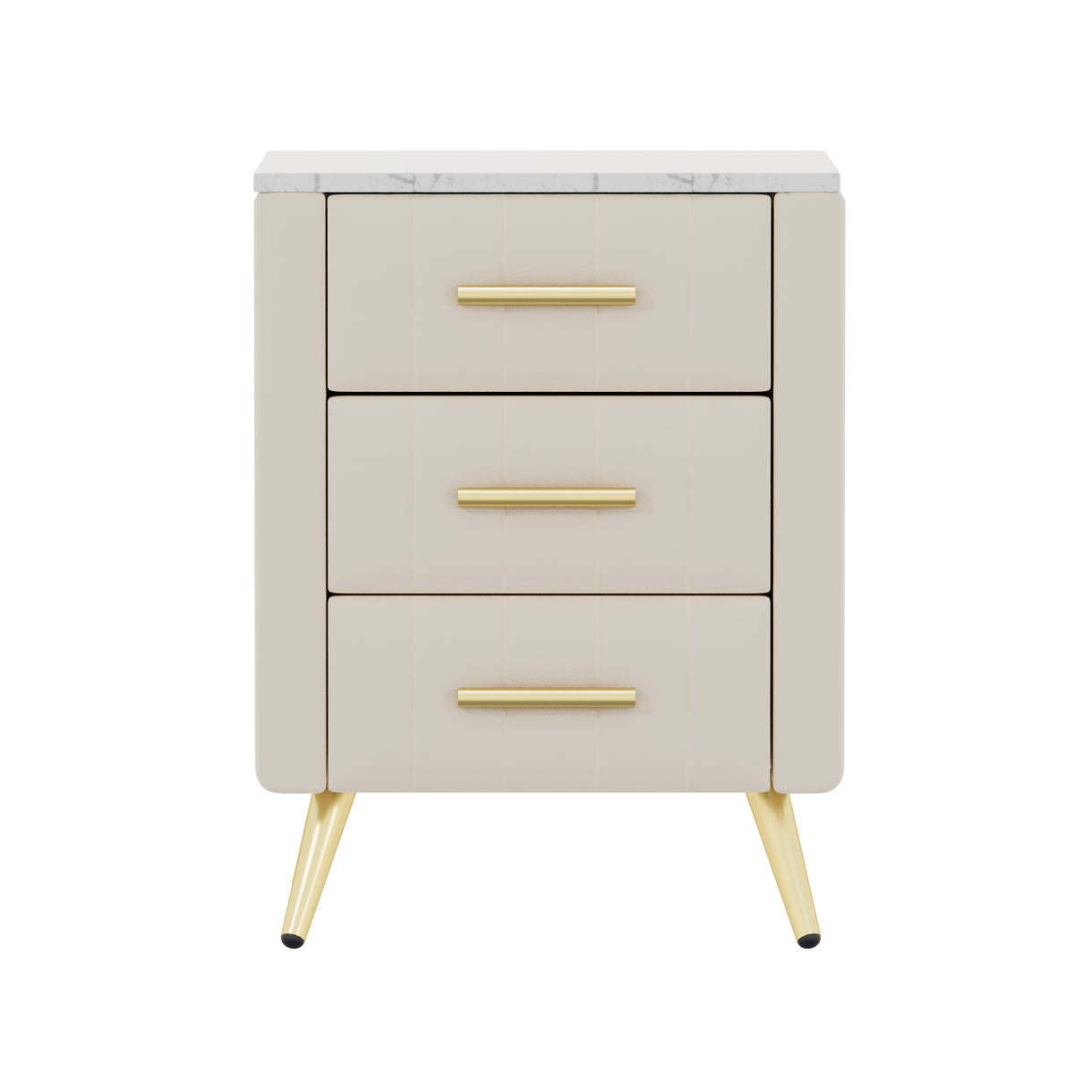 Nøordka Light Nightstand Default 16" Beige Upholstered Wooden Nightstand with 3 Drawers &amp; Gold Accents