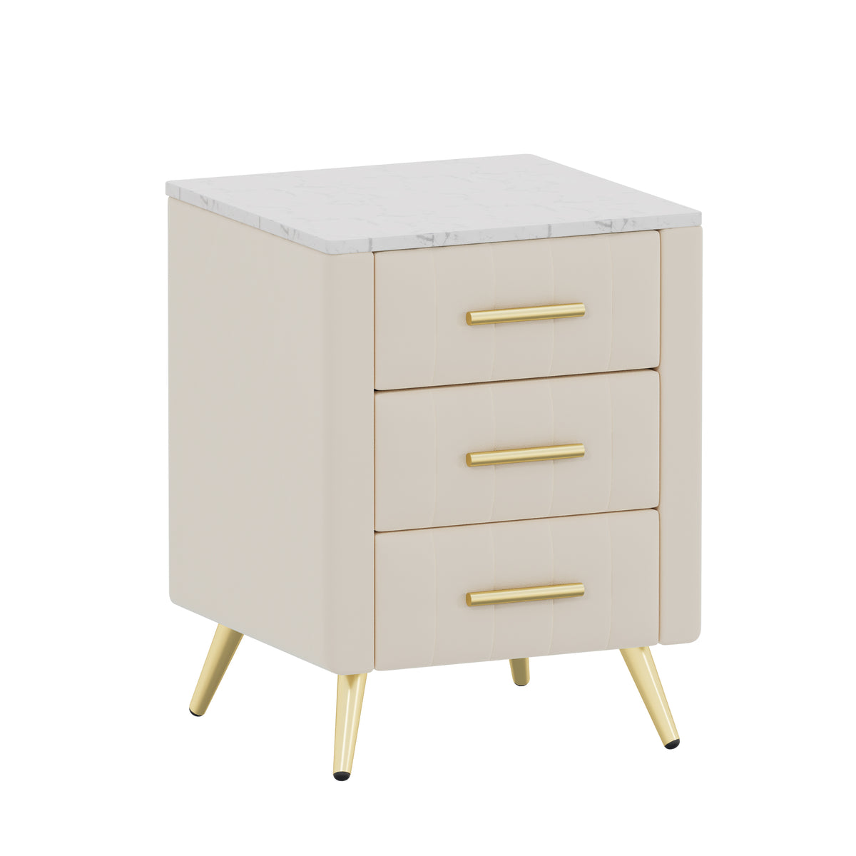 Nøordka Light Nightstand Default 16" Beige Upholstered Wooden Nightstand with 3 Drawers &amp; Gold Accents