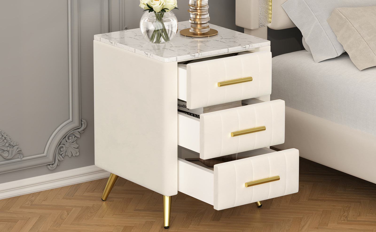Nøordka Light Nightstand Default 16" Beige Upholstered Wooden Nightstand with 3 Drawers & Gold Accents