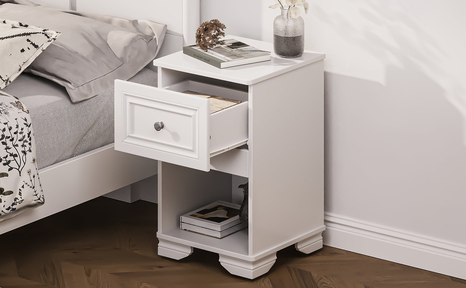 Nøordka Light Nightstand Default 16" Elegant White Nightstand with Drawer & Open Shelf Space