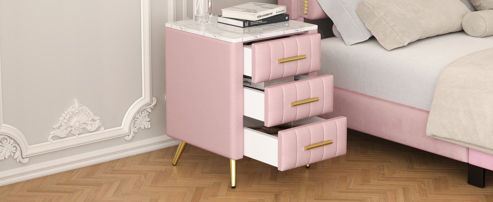 Nøordka Light Nightstand Default 16" Upholstered Wooden Nightstand with 3 Drawers & Gold Metal Accents