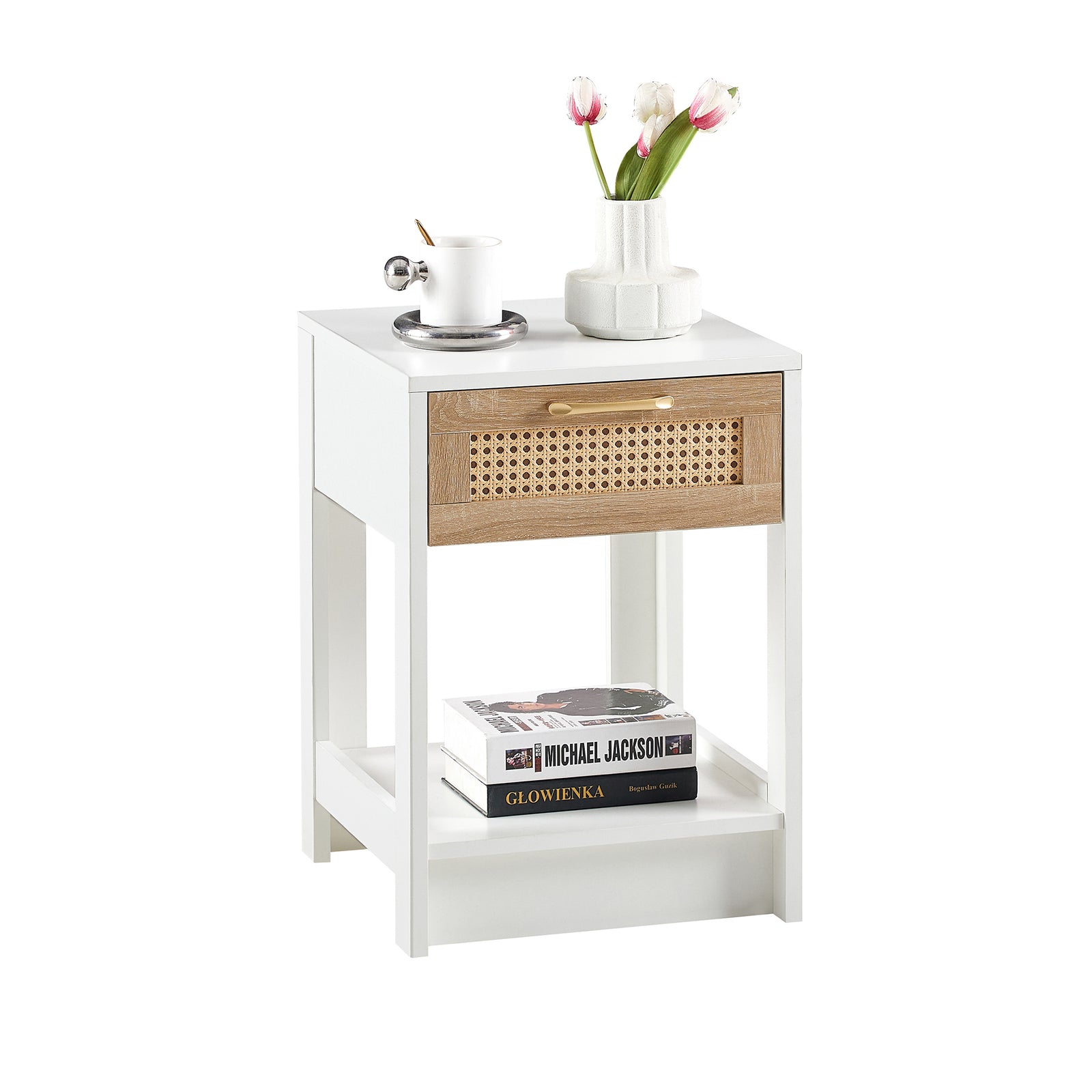Nøordka Light Nightstand Default 16" White Mid Century Modern Rattan End Table With Drawer