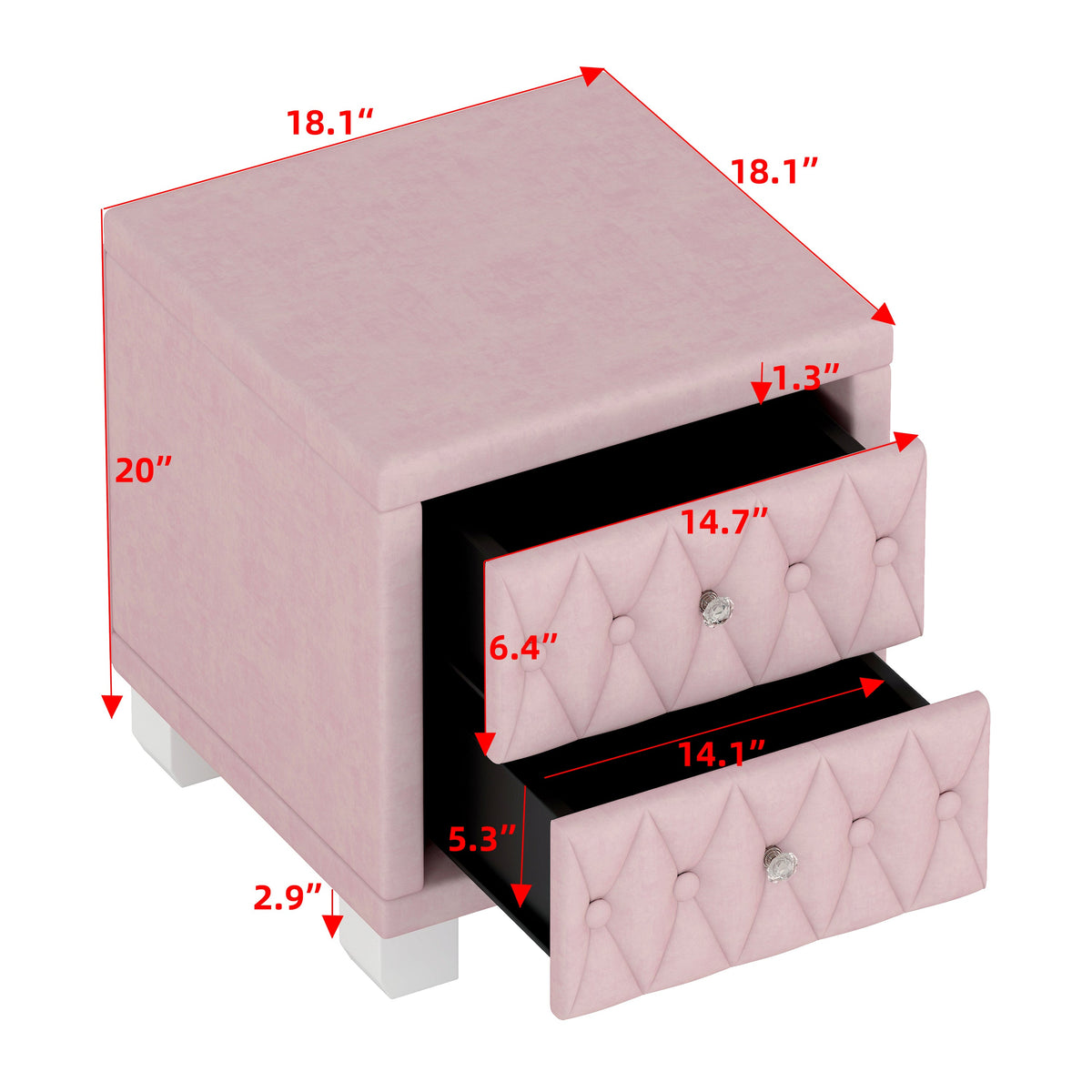 Nøordka Light Nightstand Default 18" Plush Velvet Pink Nightstand with 2 Drawers &amp; Crystal Handling