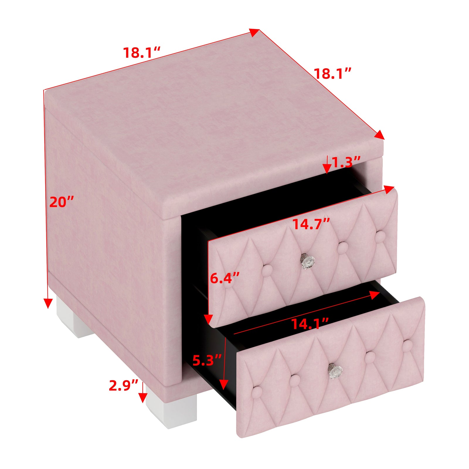 Nøordka Light Nightstand Default 18" Plush Velvet Pink Nightstand with 2 Drawers & Crystal Handling