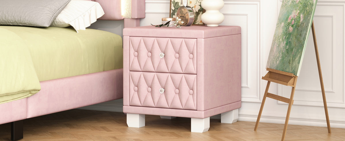 Nøordka Light Nightstand Default 18" Plush Velvet Pink Nightstand with 2 Drawers &amp; Crystal Handling