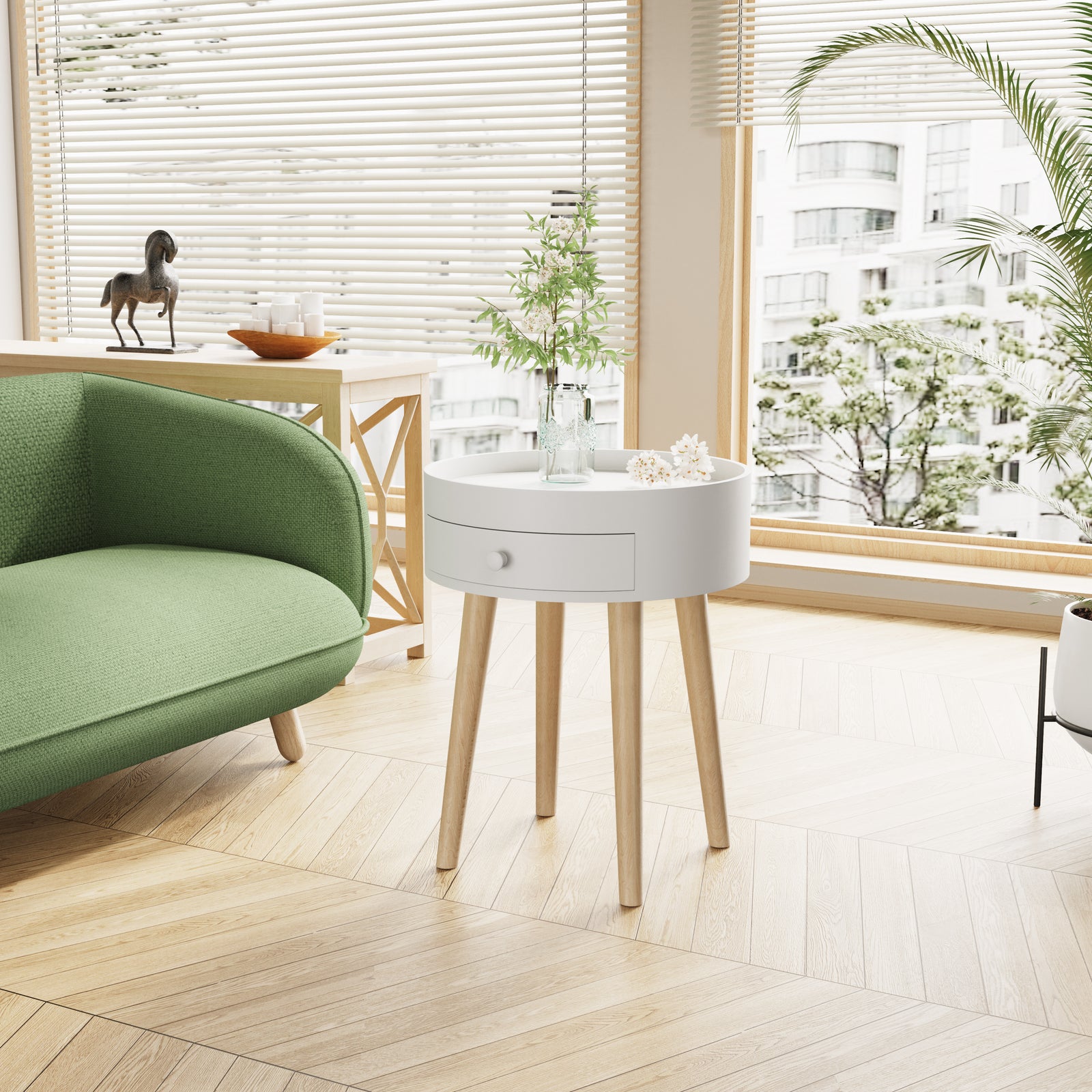 Nøordka Light Nightstand Default 18" White Nightstand with Storage Drawer & Oak Legs