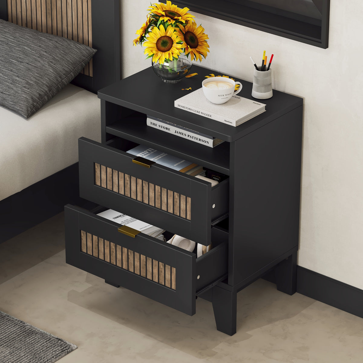 Nøordka Light Nightstand Default 20" Farmhouse Black &amp; Wooden Nightstand with Storage Cabinet