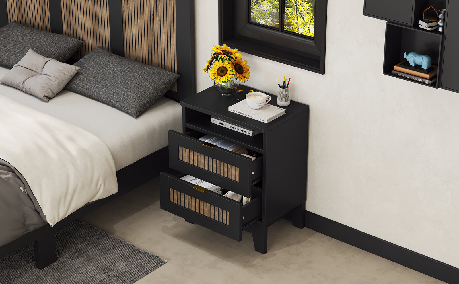 Nøordka Light Nightstand Default 20" Farmhouse Black & Wooden Nightstand with Storage Cabinet