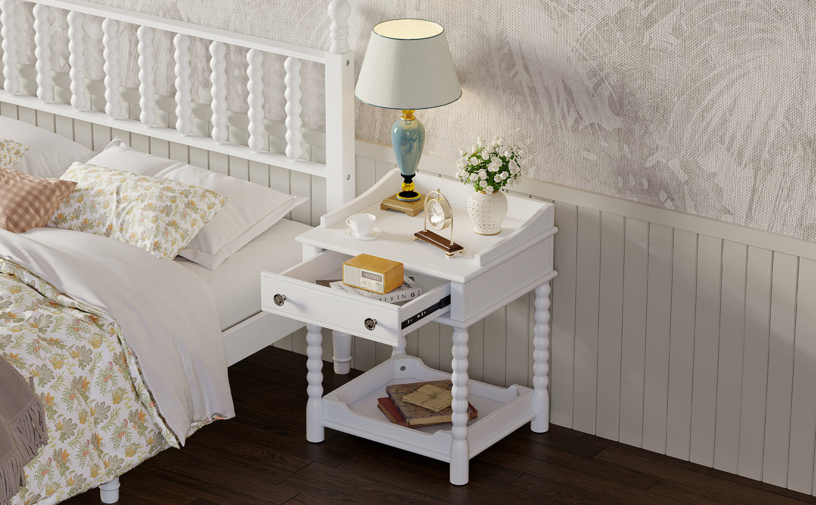 Nøordka Light Nightstand Default 20" White Retro Nightstand with Drawer, Open Shelf & Metal Handling