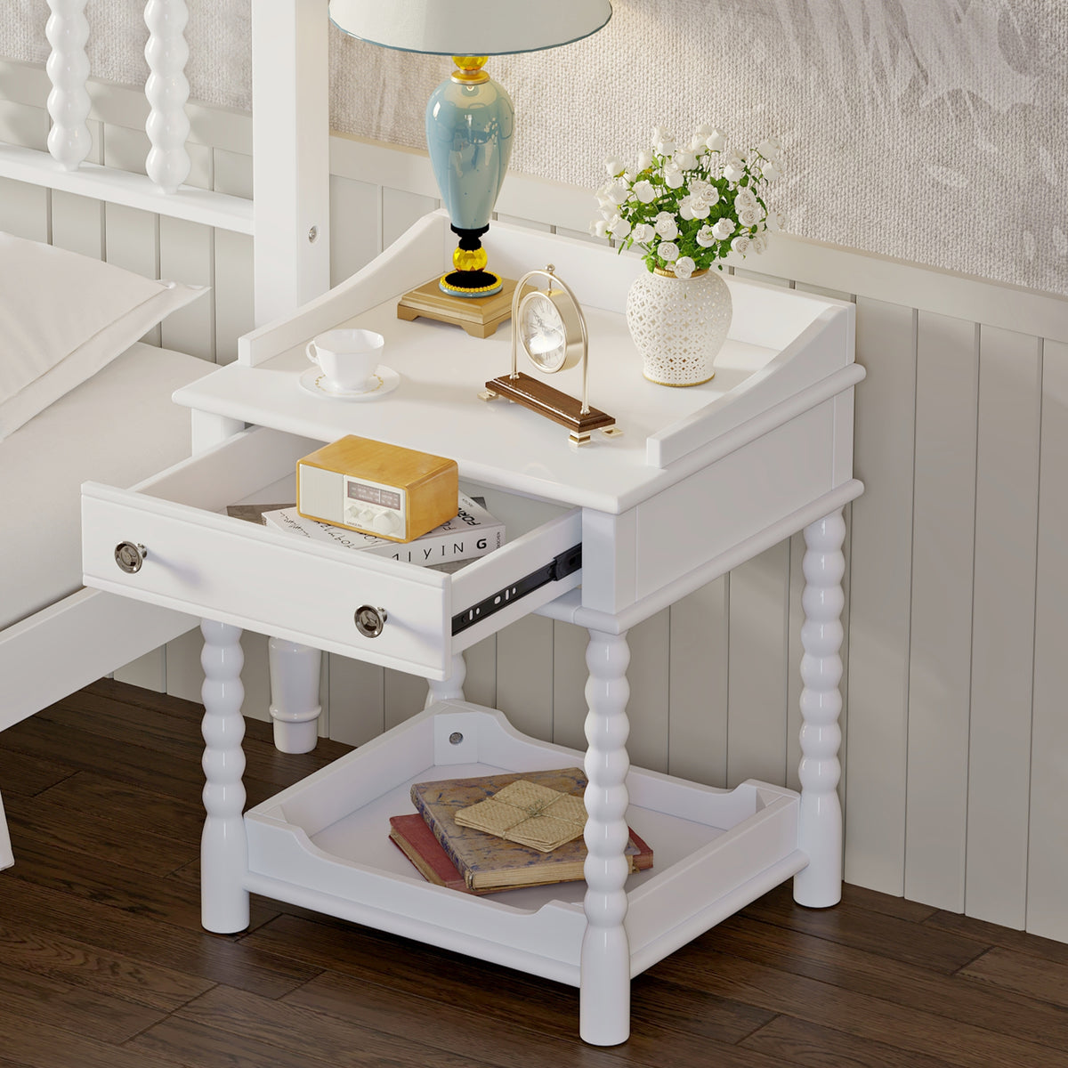 Nøordka Light Nightstand Default 20" White Retro Nightstand with Drawer, Open Shelf &amp; Metal Handling