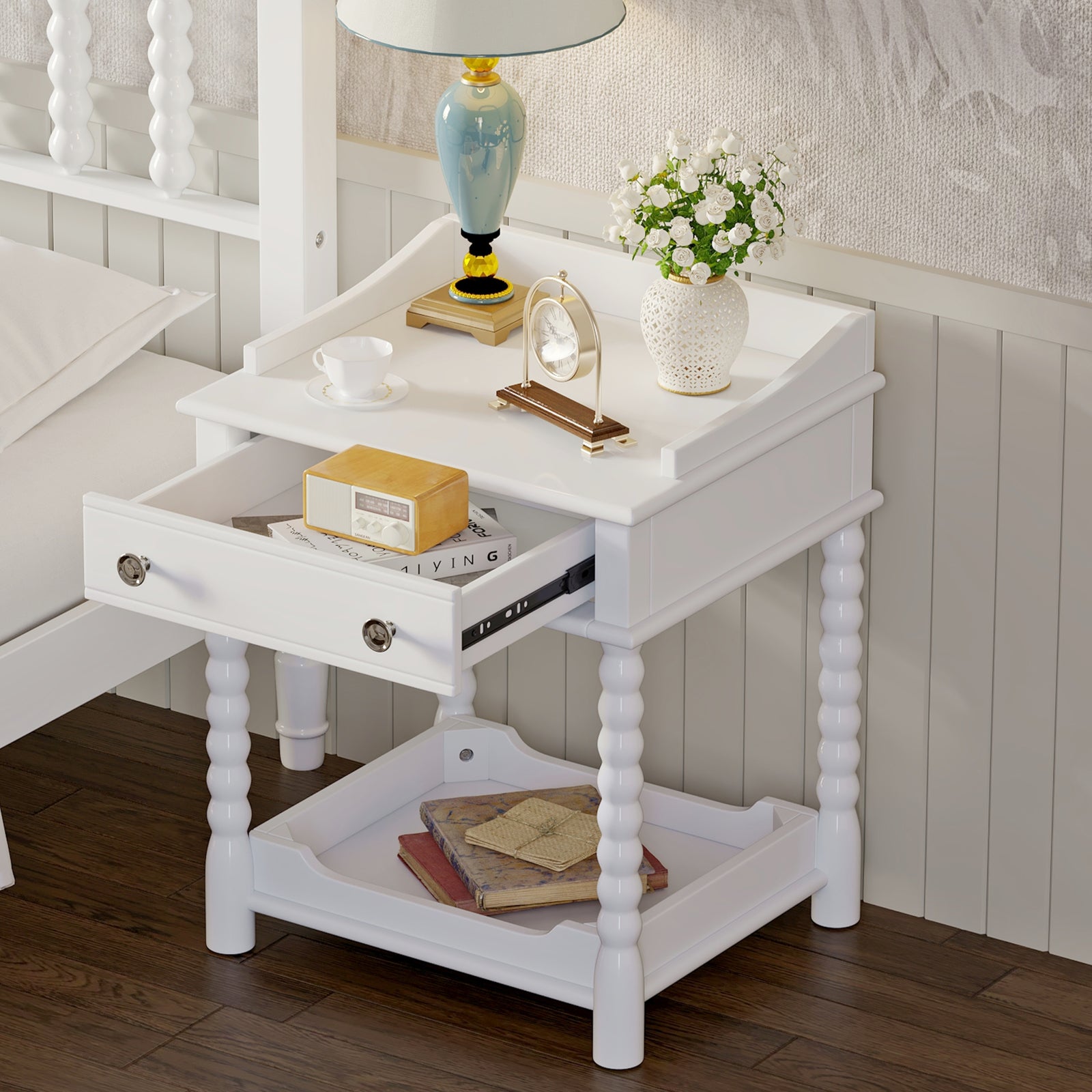 Nøordka Light Nightstand Default 20" White Retro Nightstand with Drawer, Open Shelf & Metal Handling