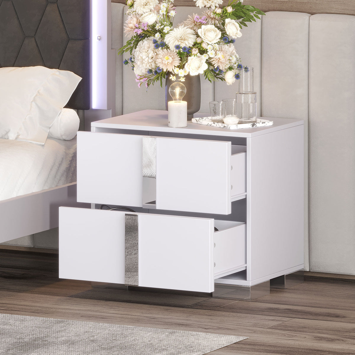 Nøordka Light Nightstand Default 23" White Nightstand with Metal Handling &amp; 2 Drawers