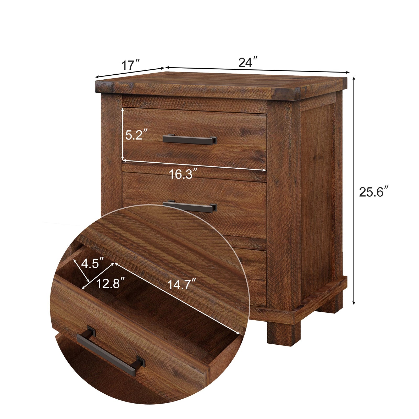Nøordka Light Nightstand Default 24" Natural Brown Solid Wood Rustic 3 Drawer Nightstand Set
