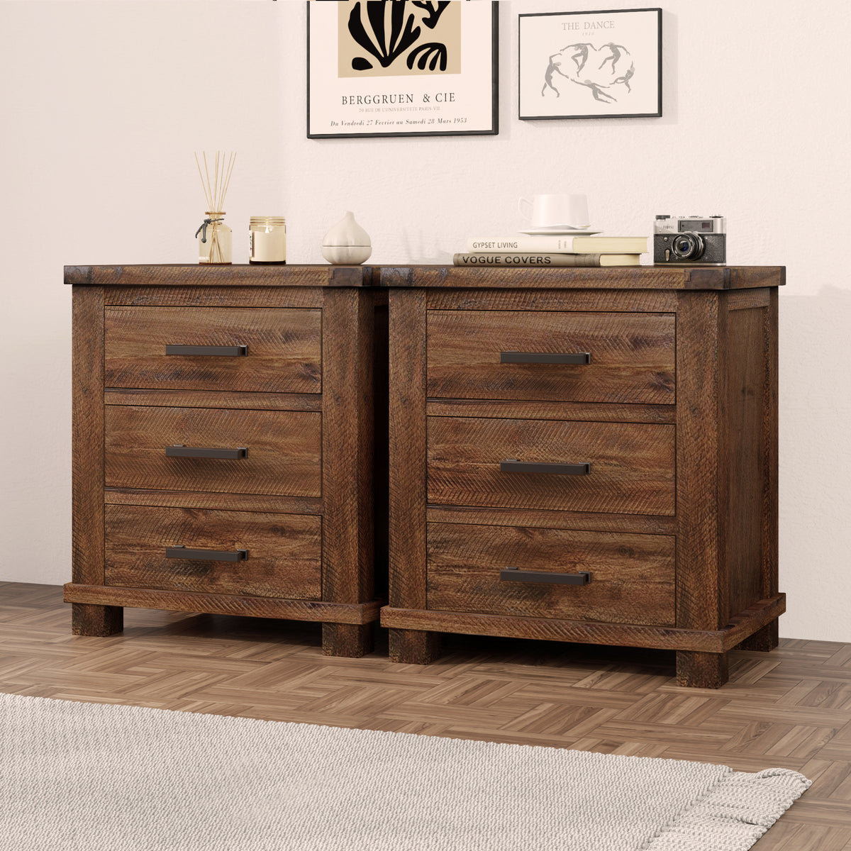 Nøordka Light Nightstand Default 24" Natural Brown Solid Wood Rustic 3 Drawer Nightstand Set