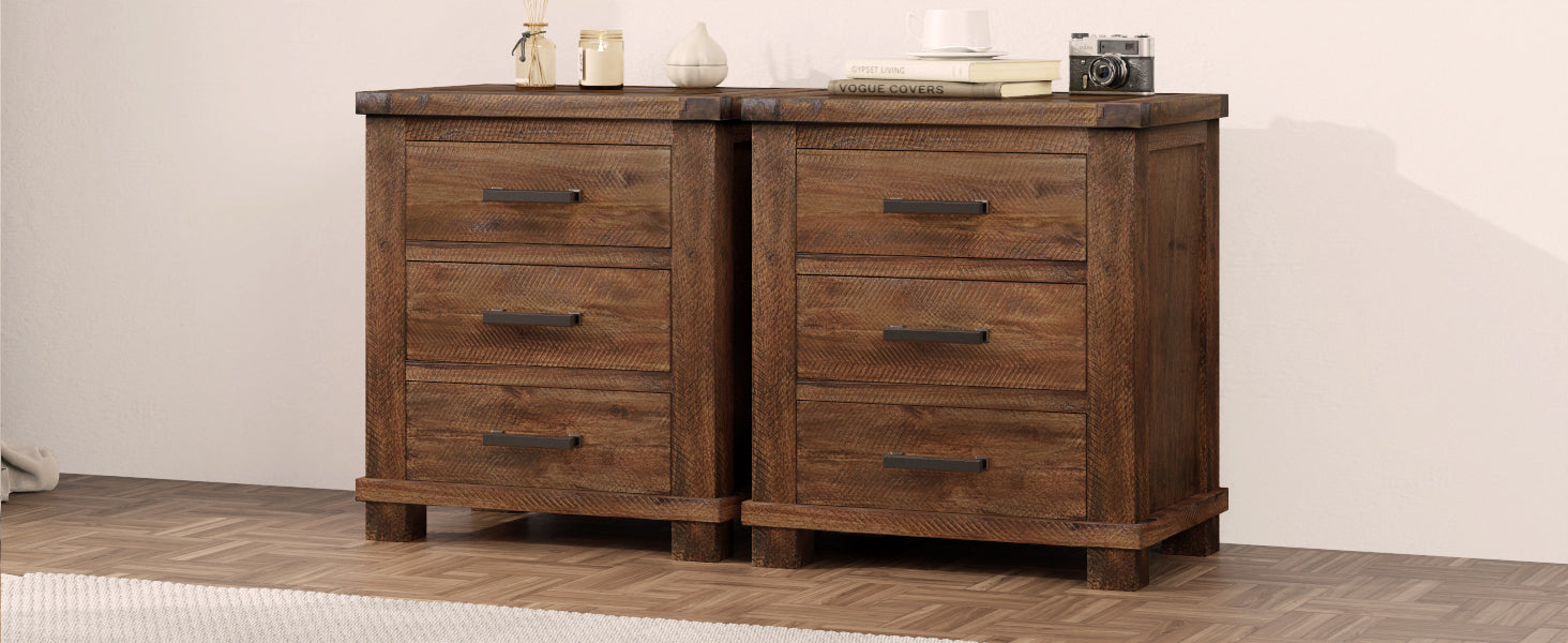 Nøordka Light Nightstand Default 24" Natural Brown Solid Wood Rustic 3 Drawer Nightstand Set