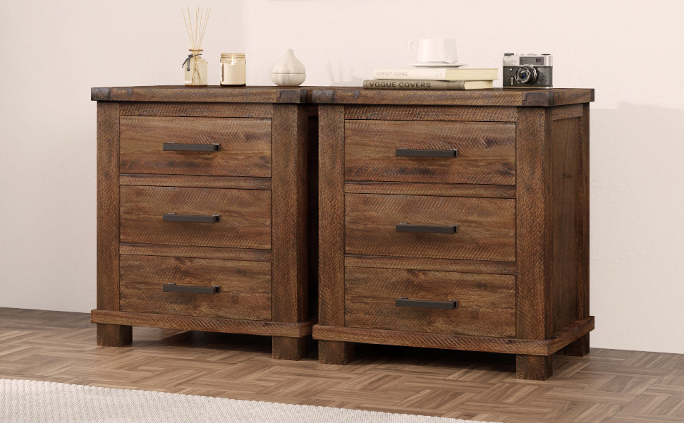 Nøordka Light Nightstand Default 24" Natural Brown Solid Wood Rustic 3 Drawer Nightstand Set