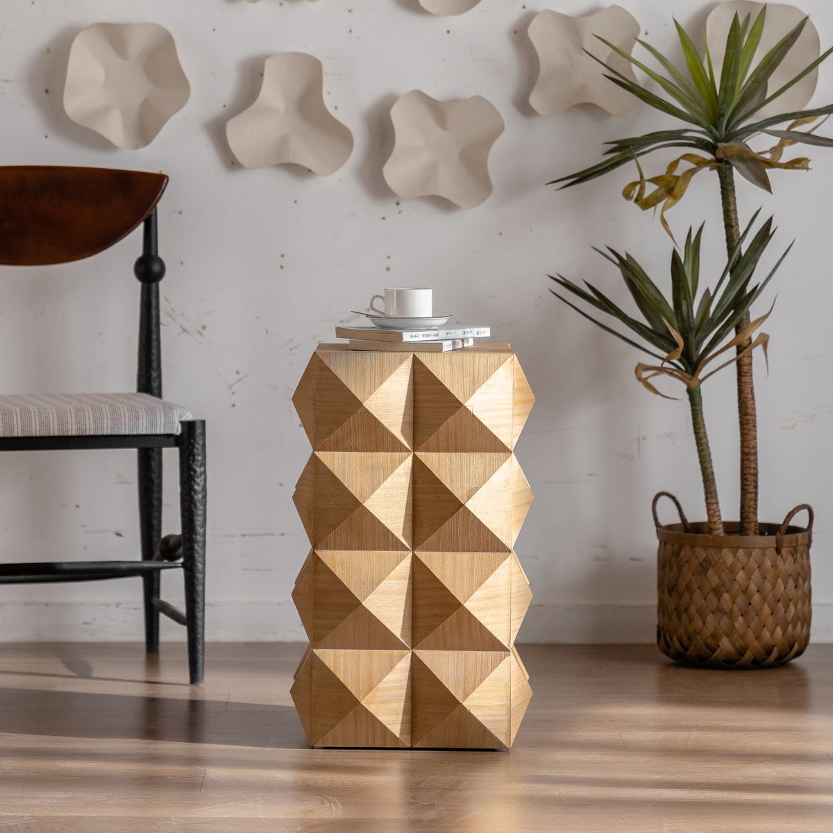 Nøordka Light Nightstand Default 24" Natural Wood Tone Embossed Retro Side Table &amp; Nightstand