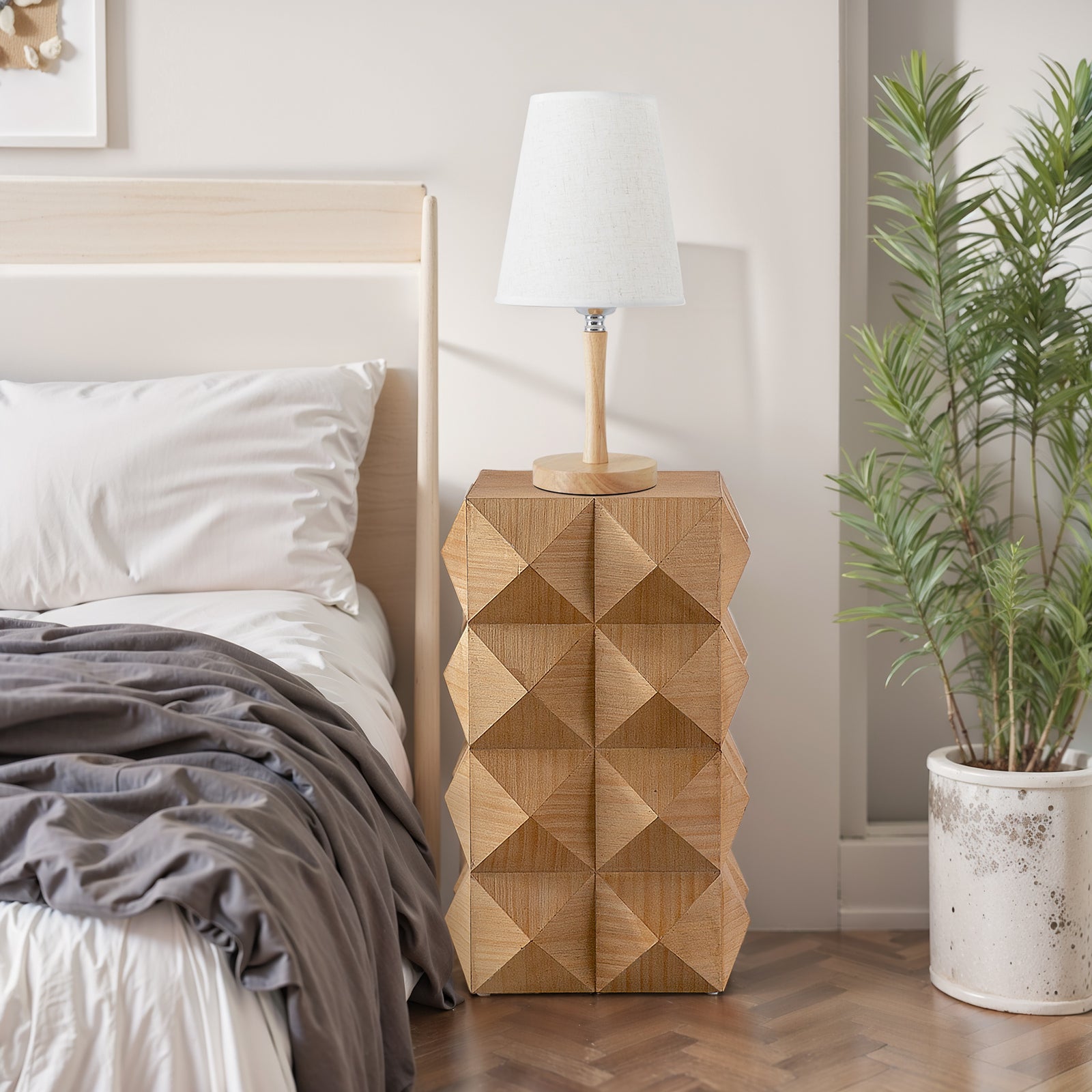 24" Natural Wood Tone Embossed Retro Side Table & Nightstand