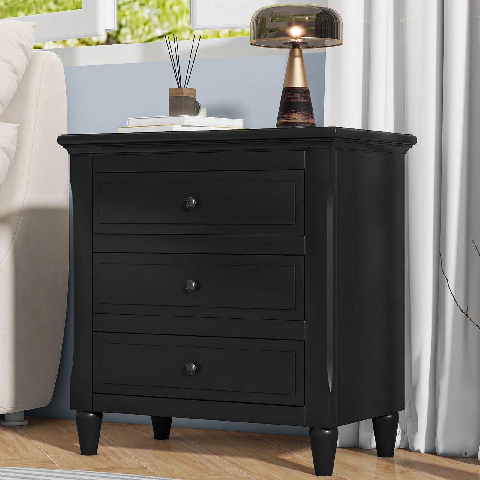 28" Black 3-Drawer Nightstand & Bedside Cabinet