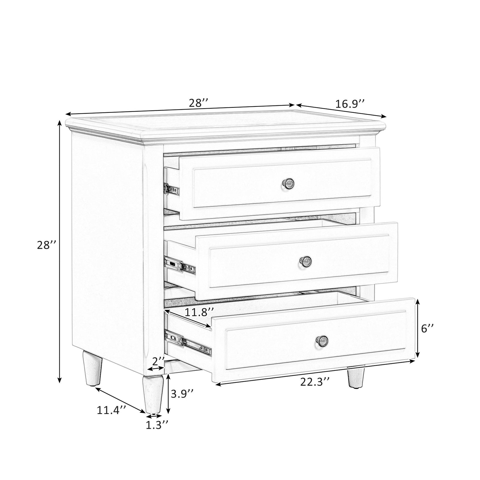 Nøordka Light Nightstand Default 28" White 3-Drawer Nightstand & Bedside Cabinet
