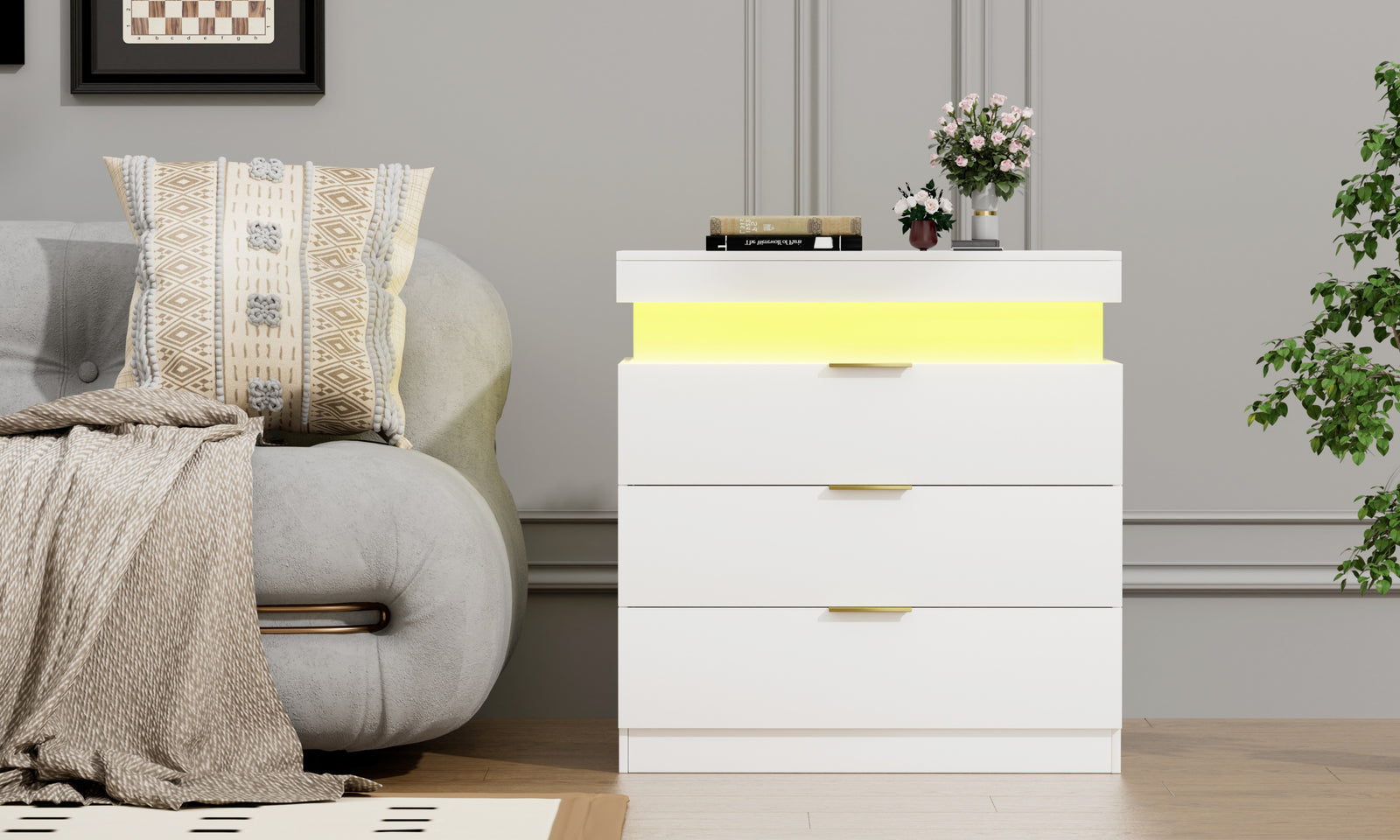 Nøordka Light Nightstand Default 29" White Modern Nightstand with Charging Station & LED Lighting