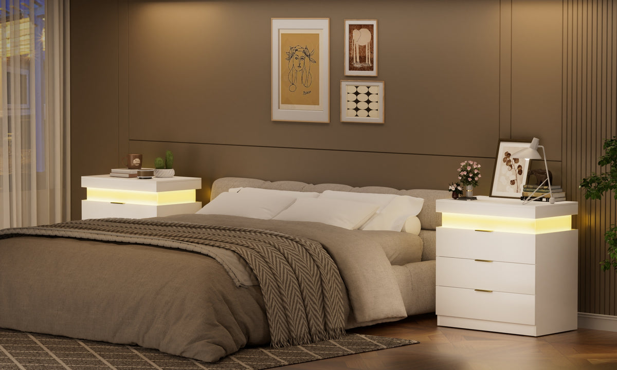 Nøordka Light Nightstand Default 29" White Modern Nightstand with Charging Station &amp; LED Lighting