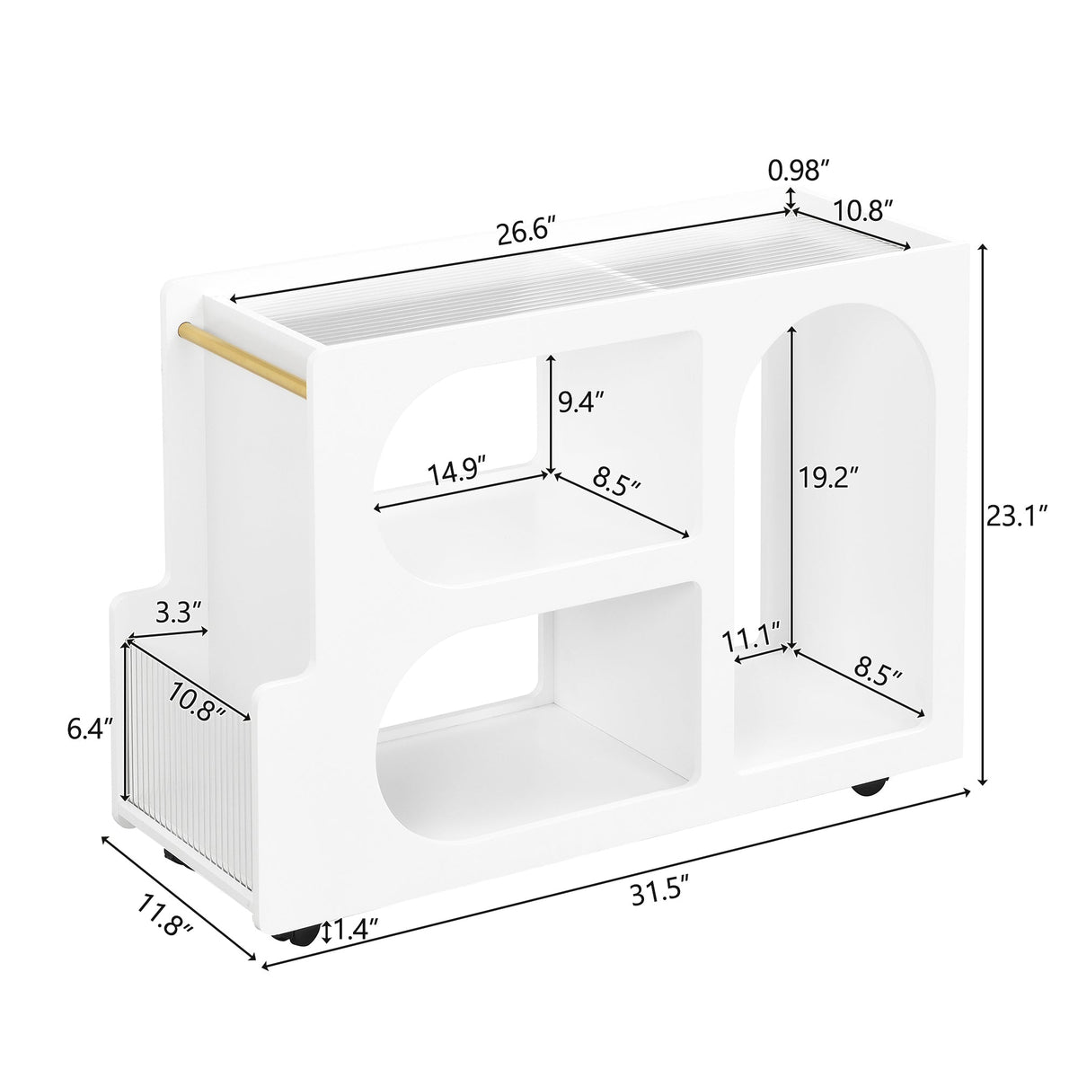 Nøordka Light Nightstand Default 32" White Mobile End Table with Locking Wheels &amp; Fluted Glass