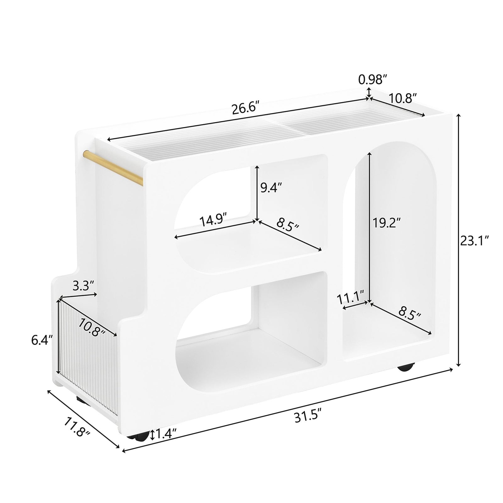 Nøordka Light Nightstand Default 32" White Mobile End Table with Locking Wheels & Fluted Glass
