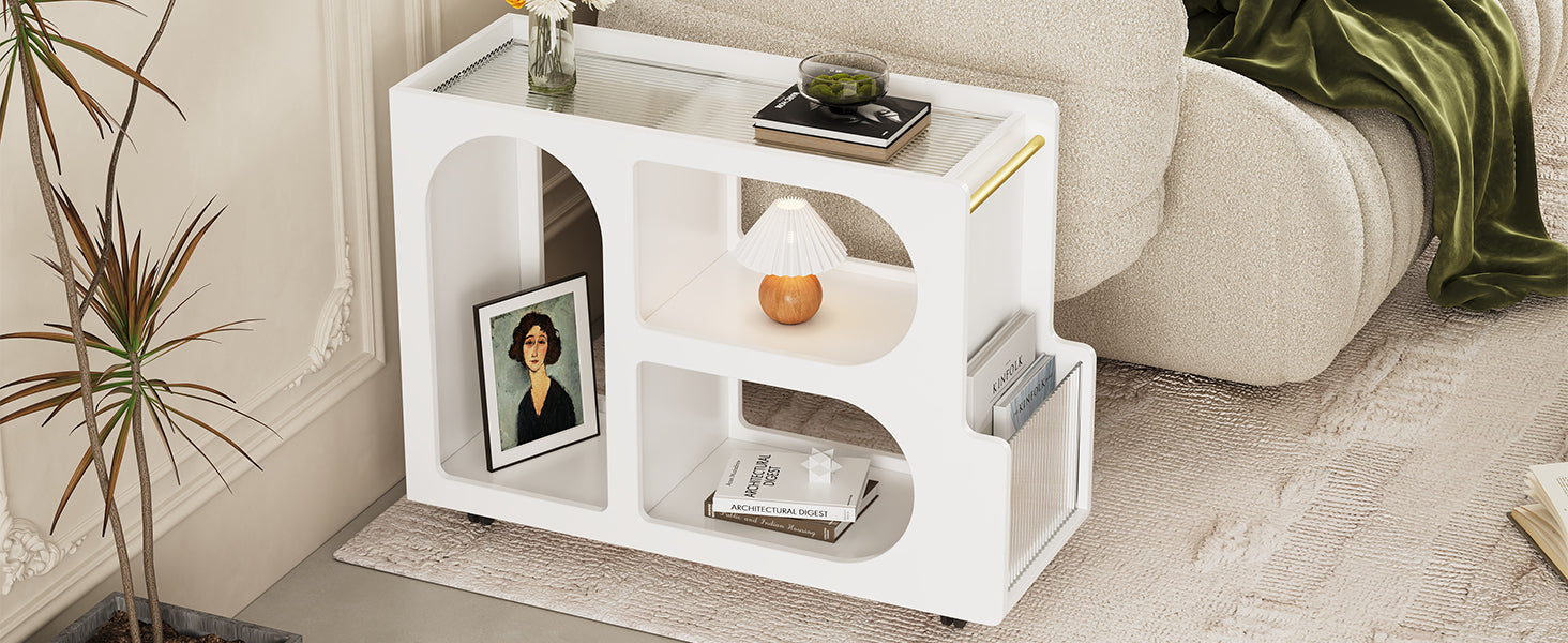 Nøordka Light Nightstand Default 32" White Mobile End Table with Locking Wheels & Fluted Glass