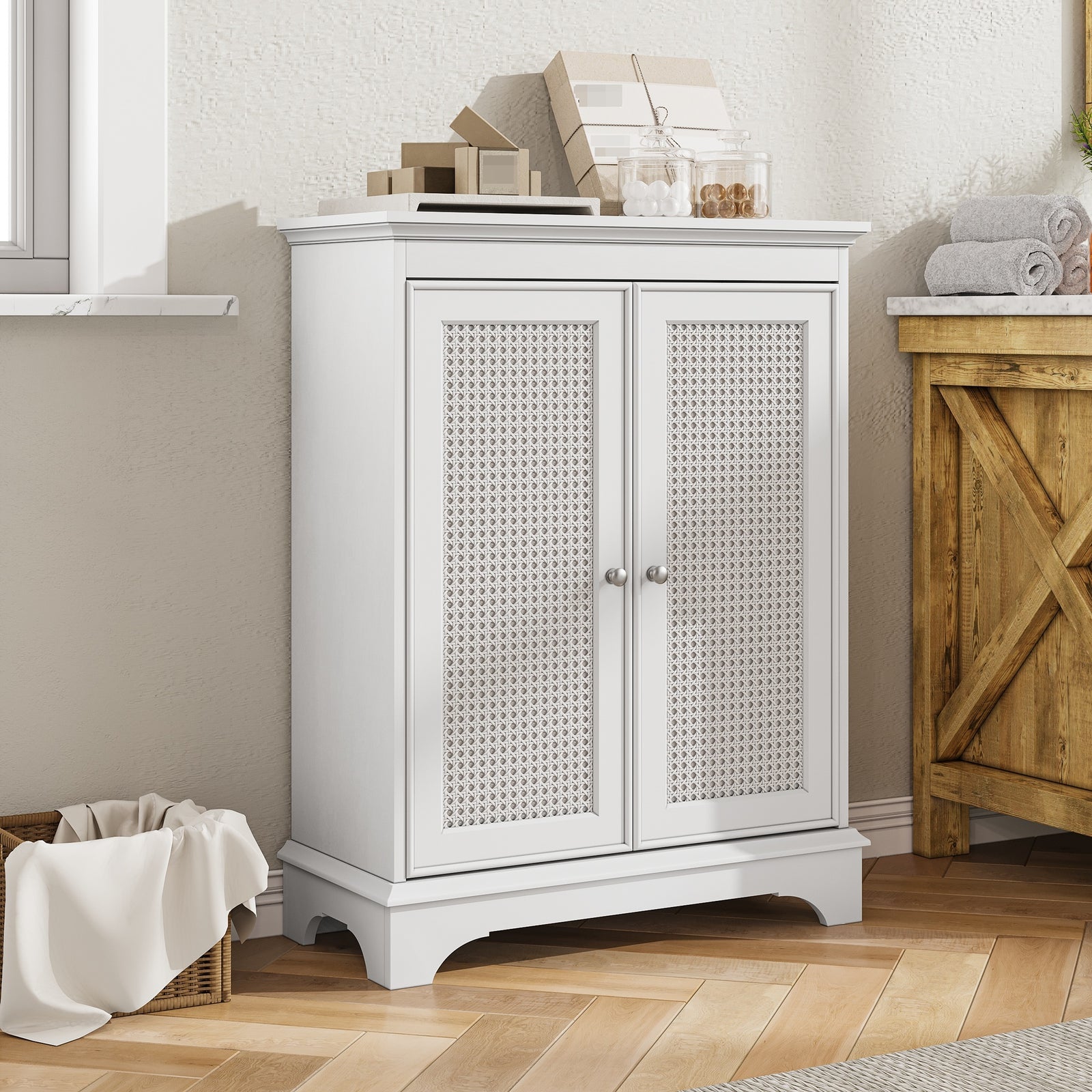 Nøordka Light Sideboard Default 27" White Rattan Storage Cabinet With Adjustable Shelving