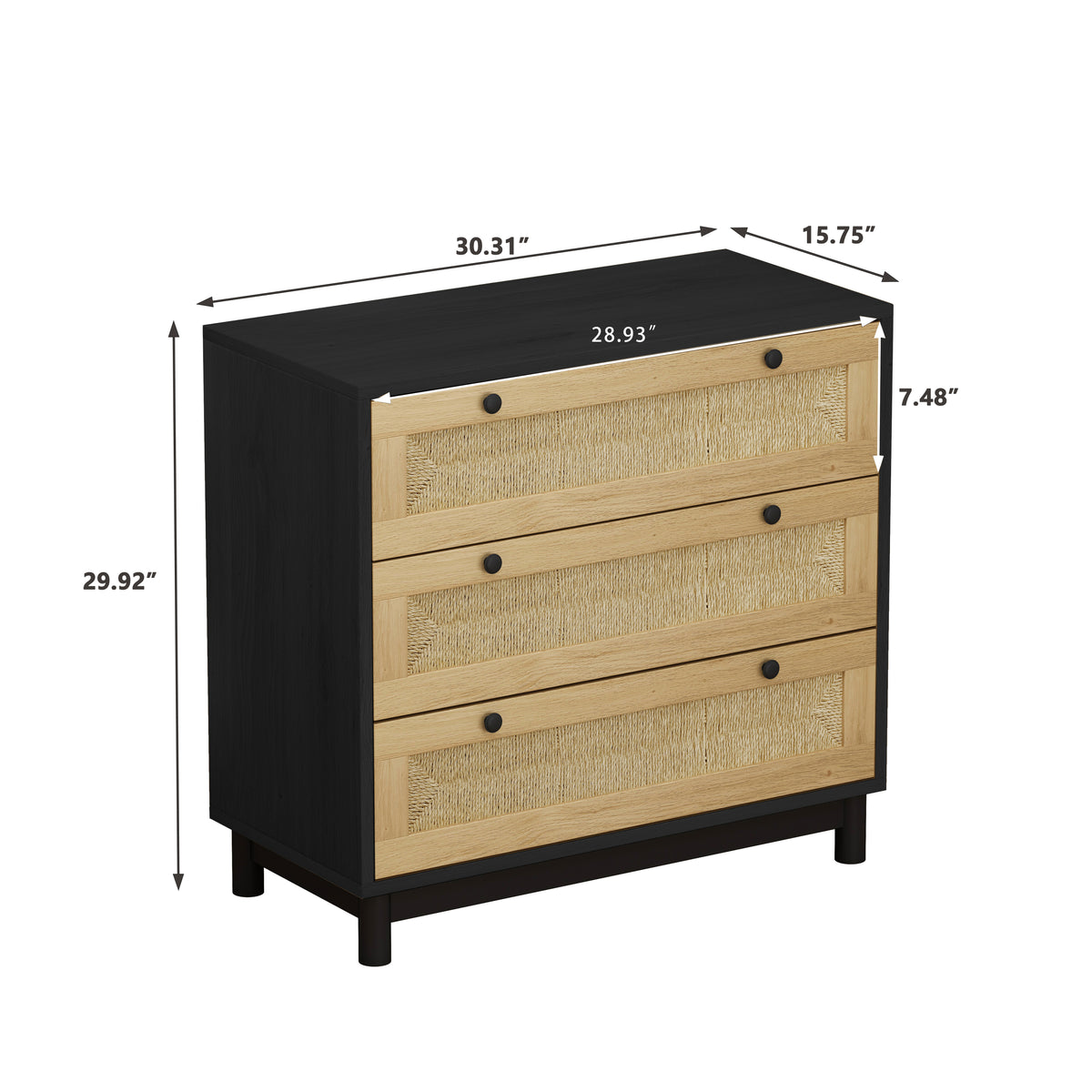 Nøordka Light Sideboard Default 30" Rattan Three Drawer Storage Cabinet with Dark Accents