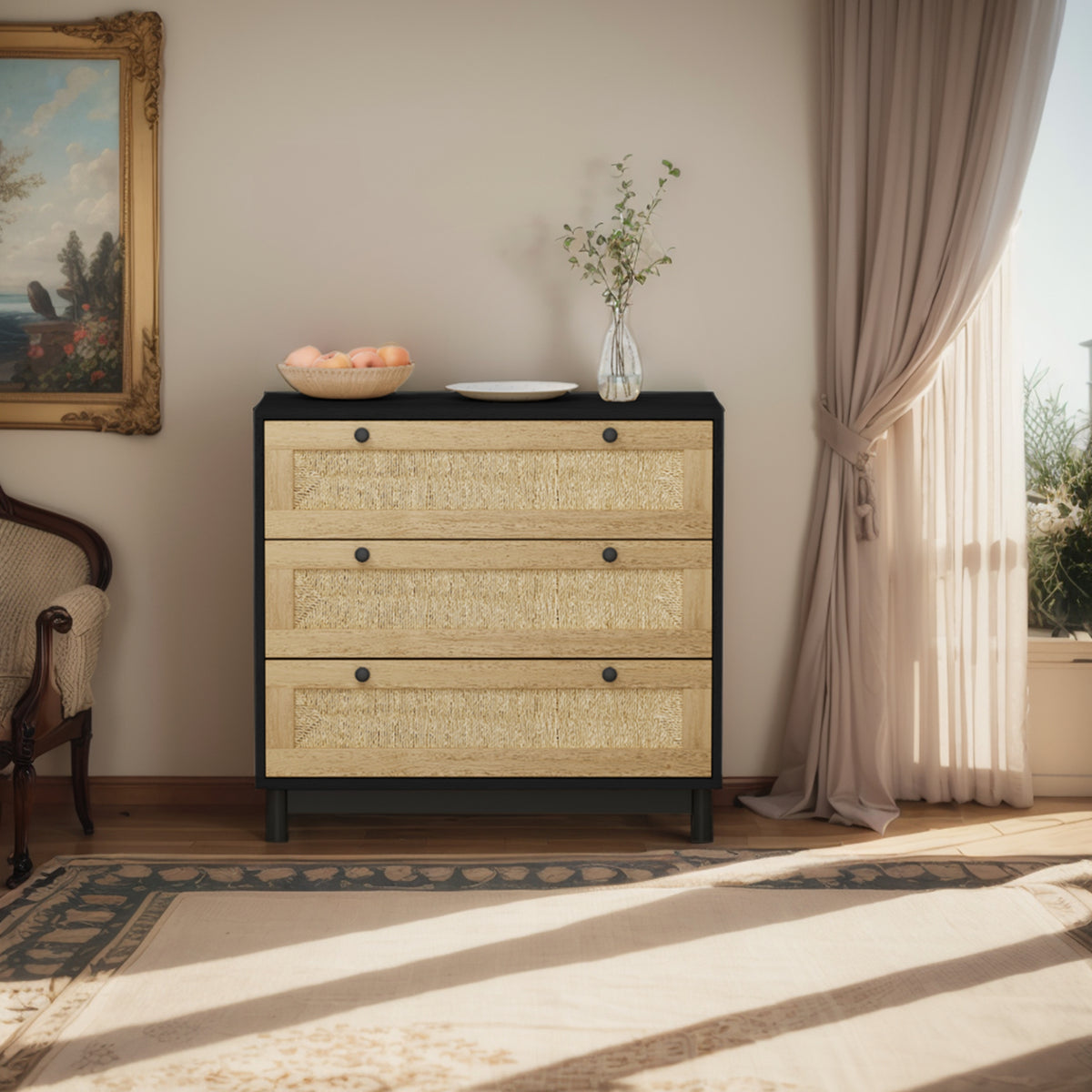 Nøordka Light Sideboard Default 30" Rattan Three Drawer Storage Cabinet with Dark Accents