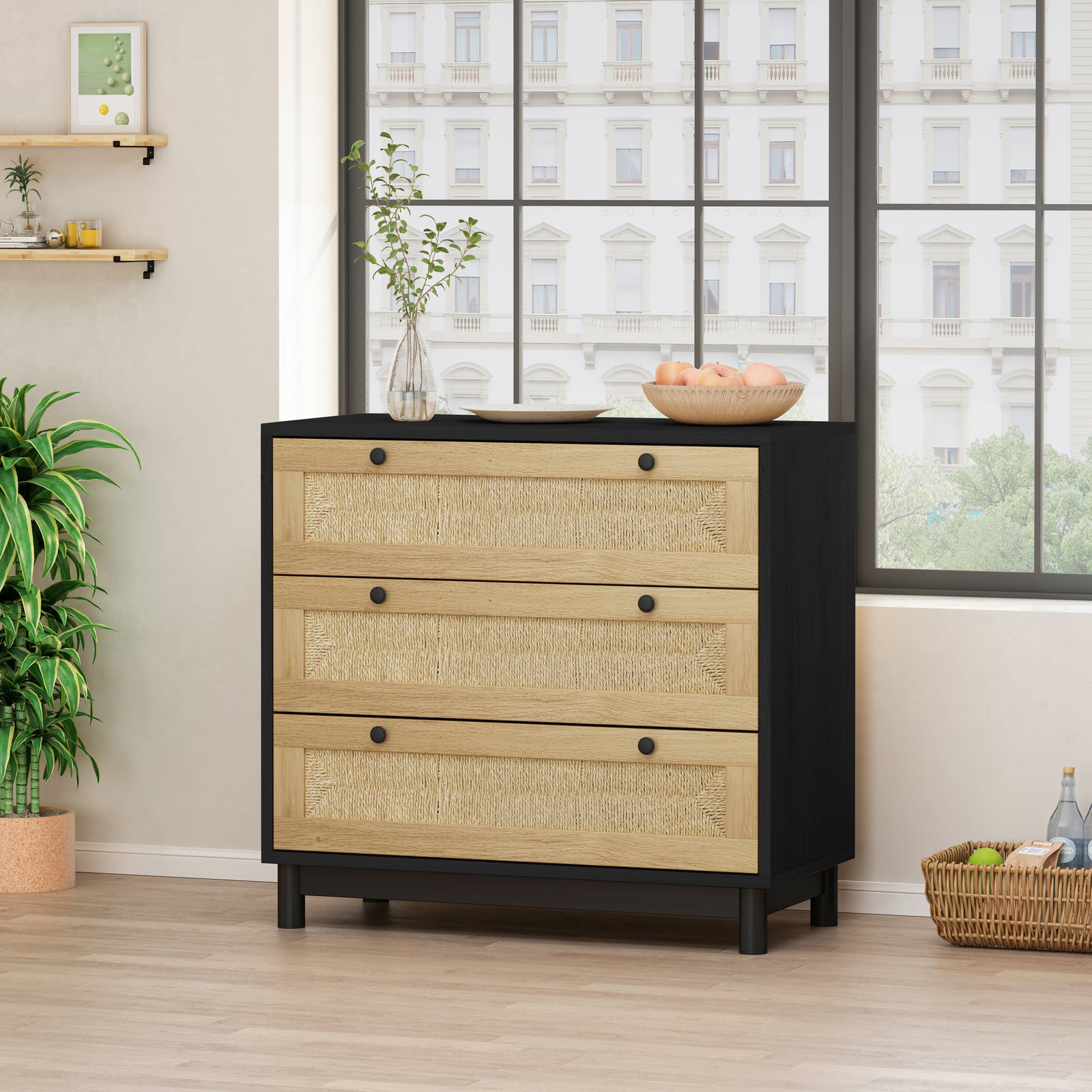 Nøordka Light Sideboard Default 30" Rattan Three Drawer Storage Cabinet with Dark Accents