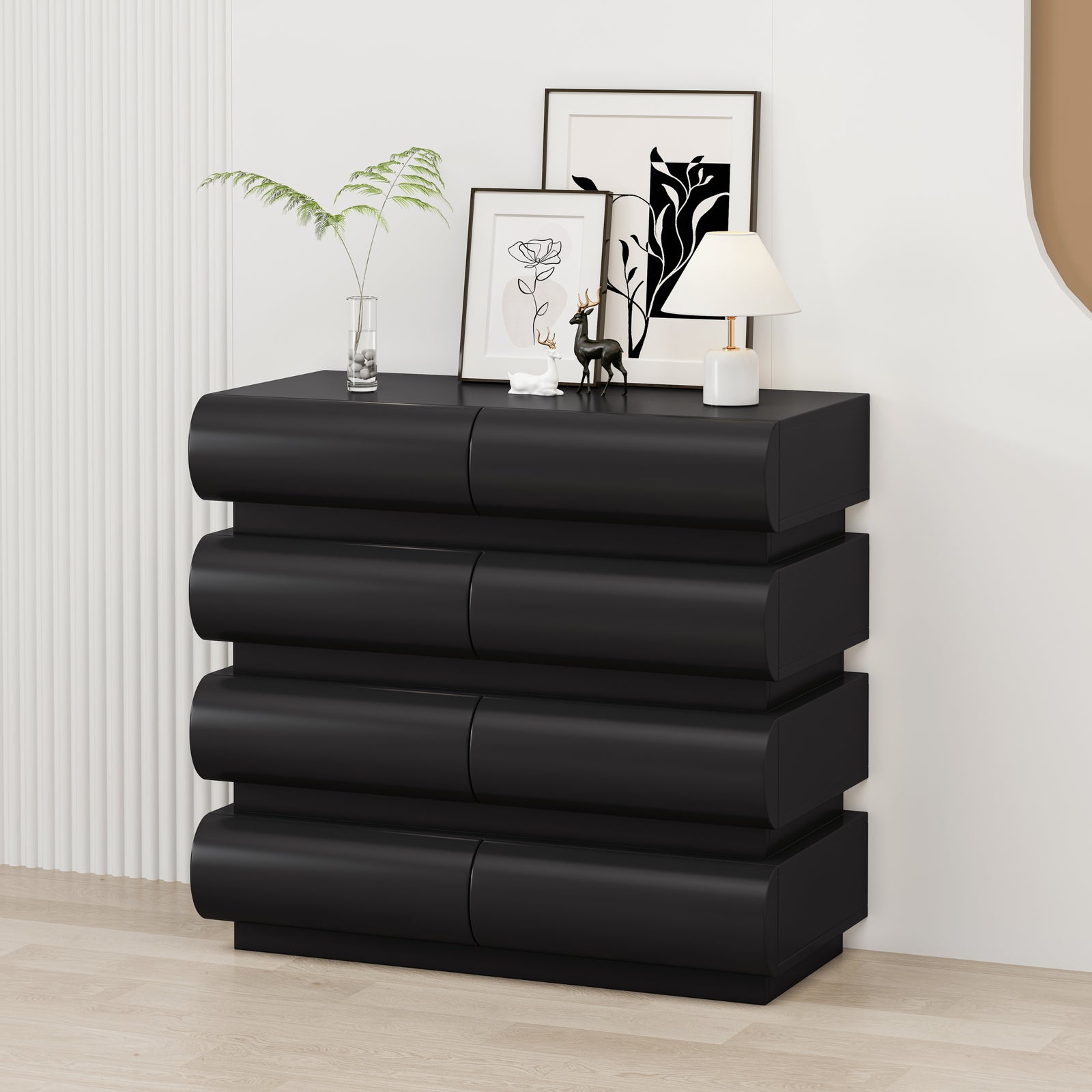 Nøordka Light Sideboard Default 32" Black Mid Century Modern 8 Drawer Dresser with Wide Storage
