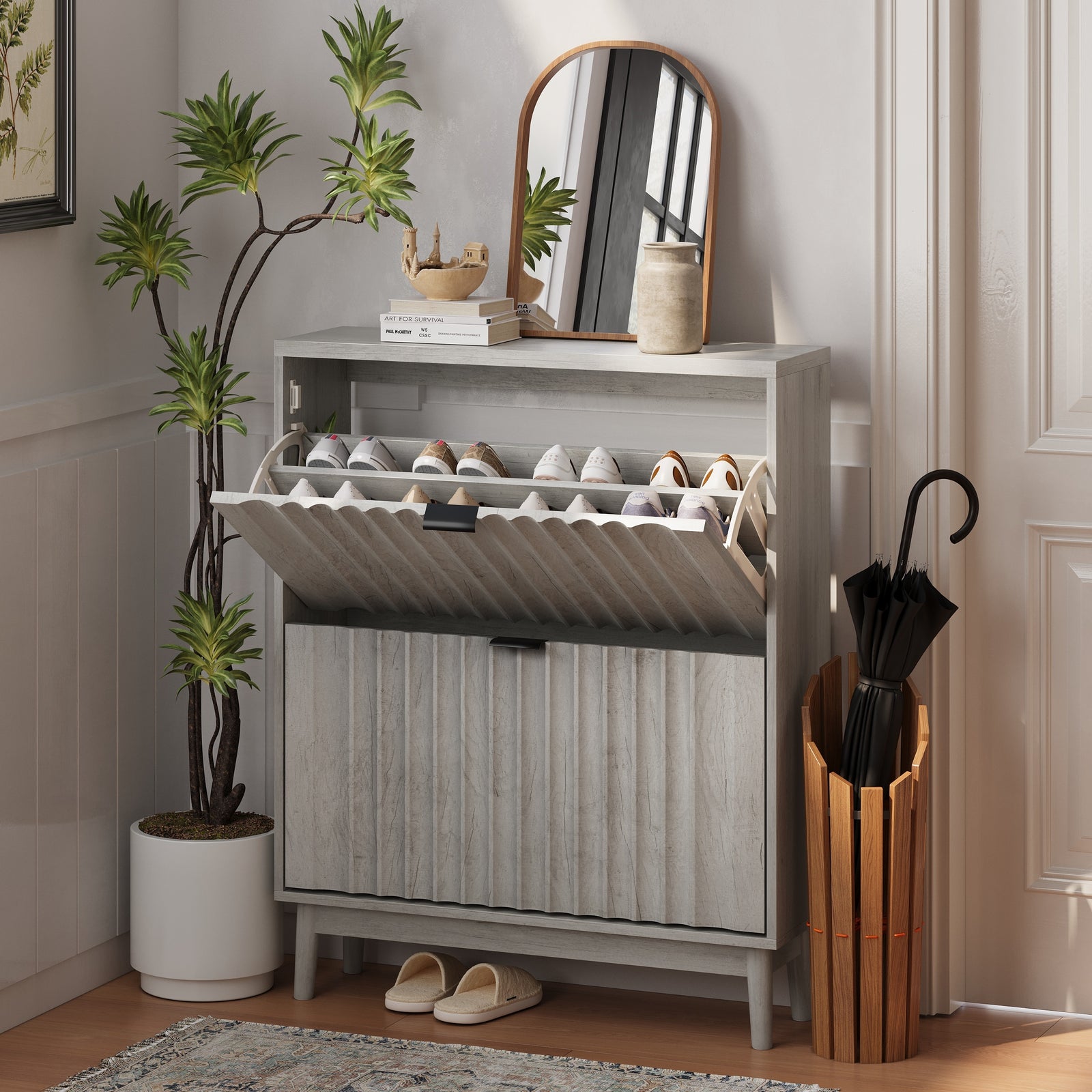 Nøordka Light Sideboard Default 32" Fluted Shoe Storage Cabinet With 2 Flip Drawers