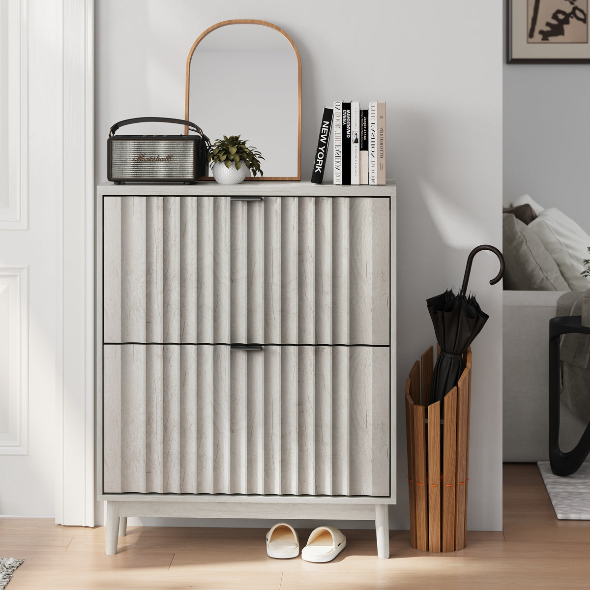 Nøordka Light Sideboard Default 32" Fluted Shoe Storage Cabinet With 2 Flip Drawers