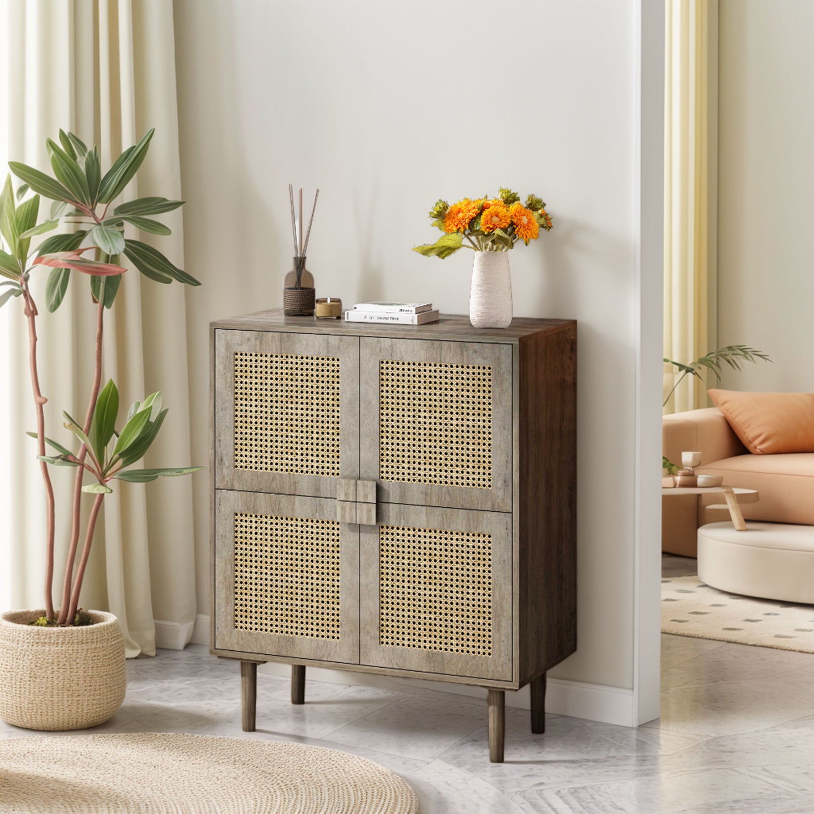 Nøordka Light Sideboard Default 32" Gray Rattan Mesh Storage Cabinet