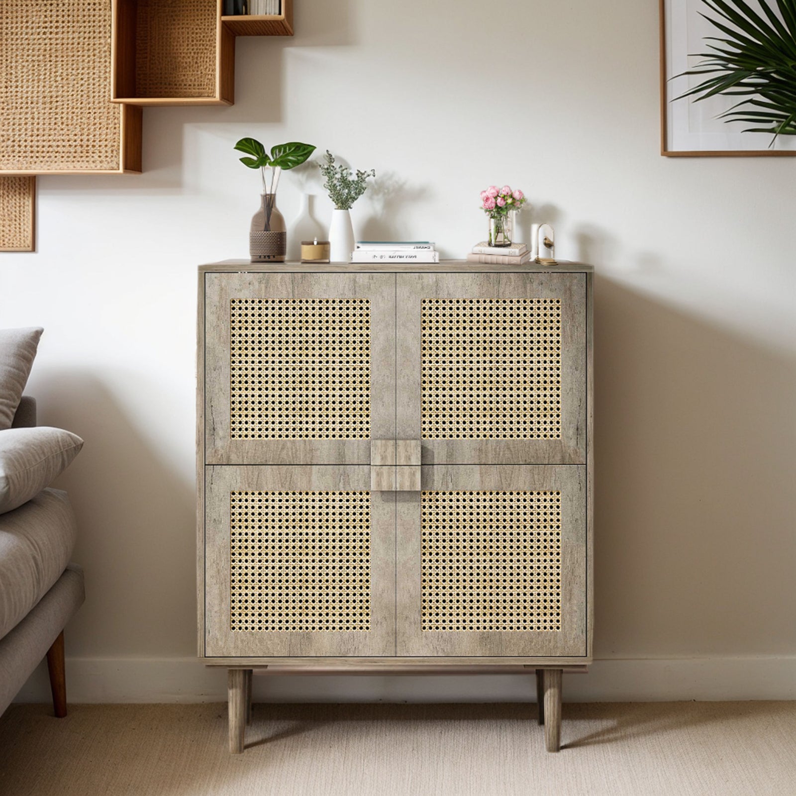Nøordka Light Sideboard Default 32" Gray Rattan Mesh Storage Cabinet