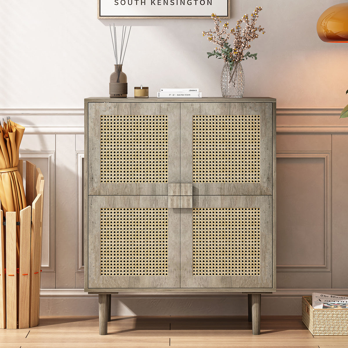 Nøordka Light Sideboard Default 32" Gray Rattan Mesh Storage Cabinet