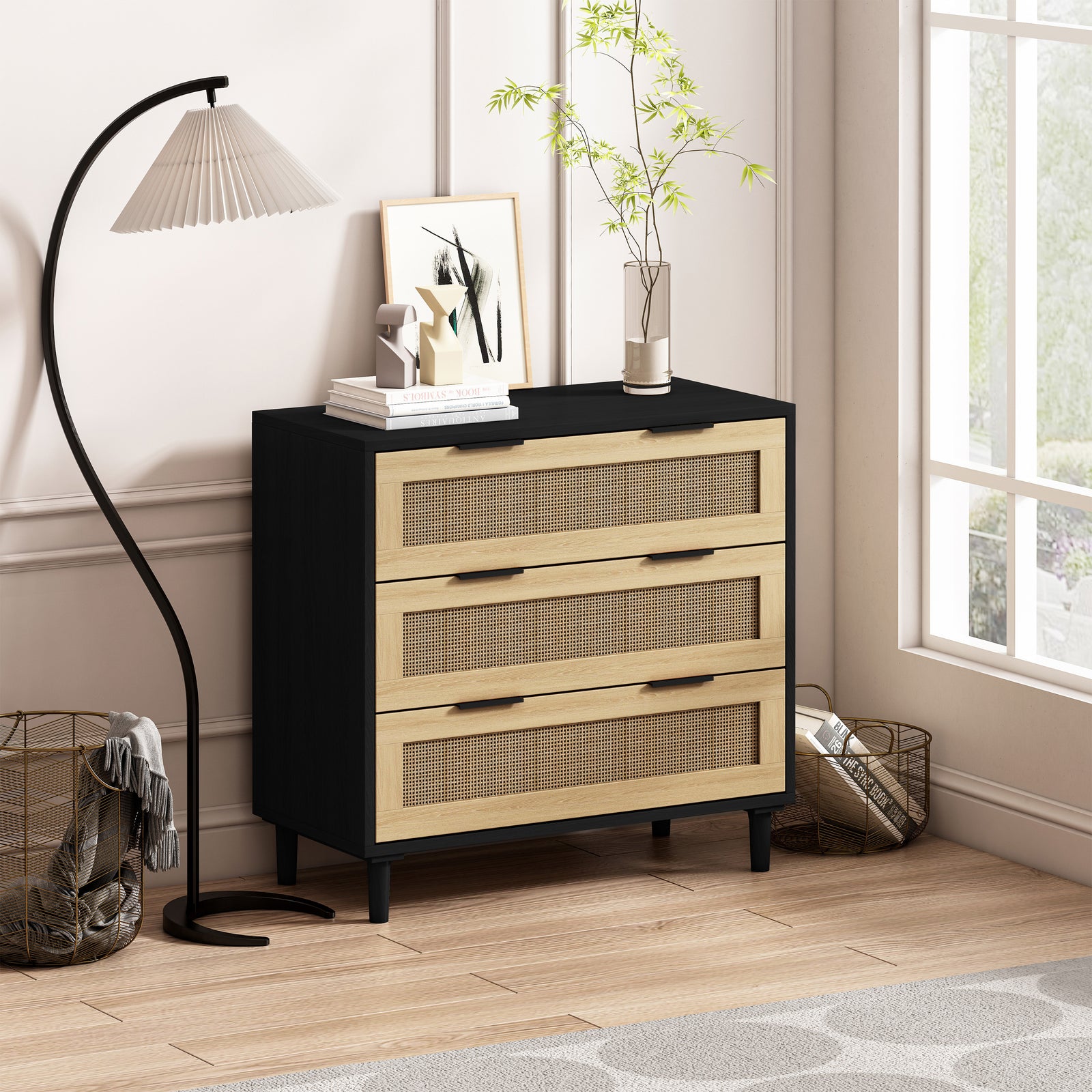 Nøordka Light Sideboard Default 32" Mid Century Modern 3 Drawer Rattan Cabinet with Black Accents
